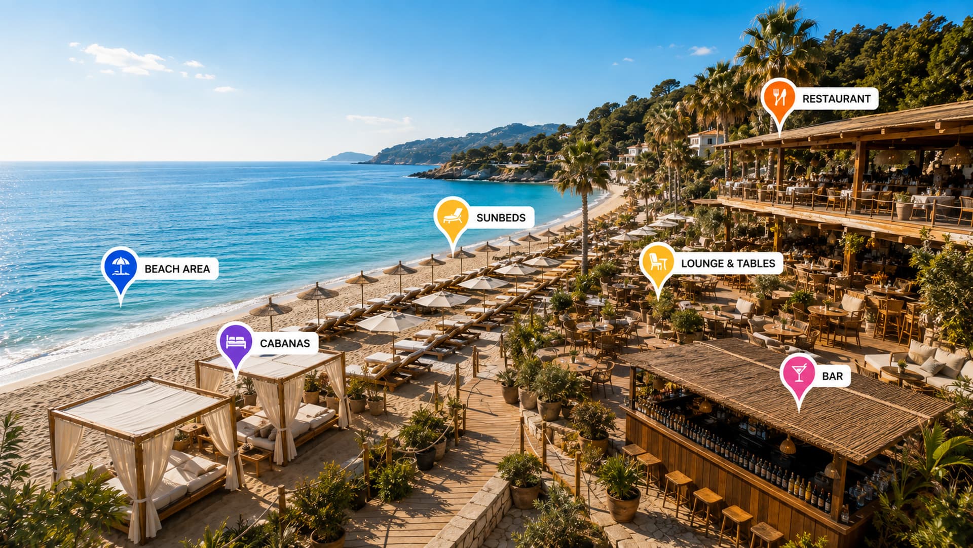 A Mediterranean beach club, its beach area, sunbeds, cabanas, bar, restaurant and lounge each marked with a VenueChef pin