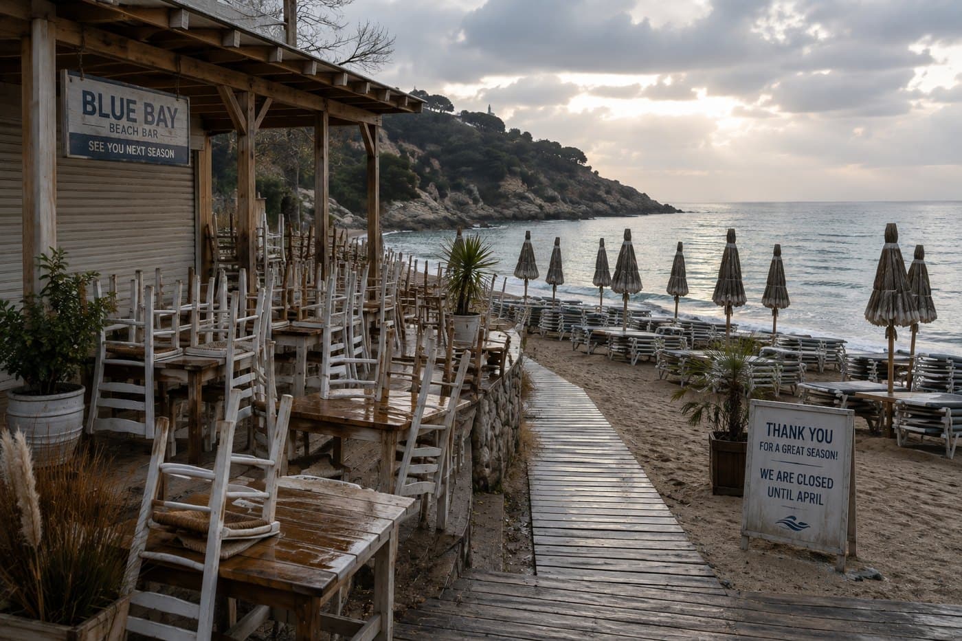 A beach bar closed for the season: chairs and tables stacked, parasols furled, and a sign reading closed until April