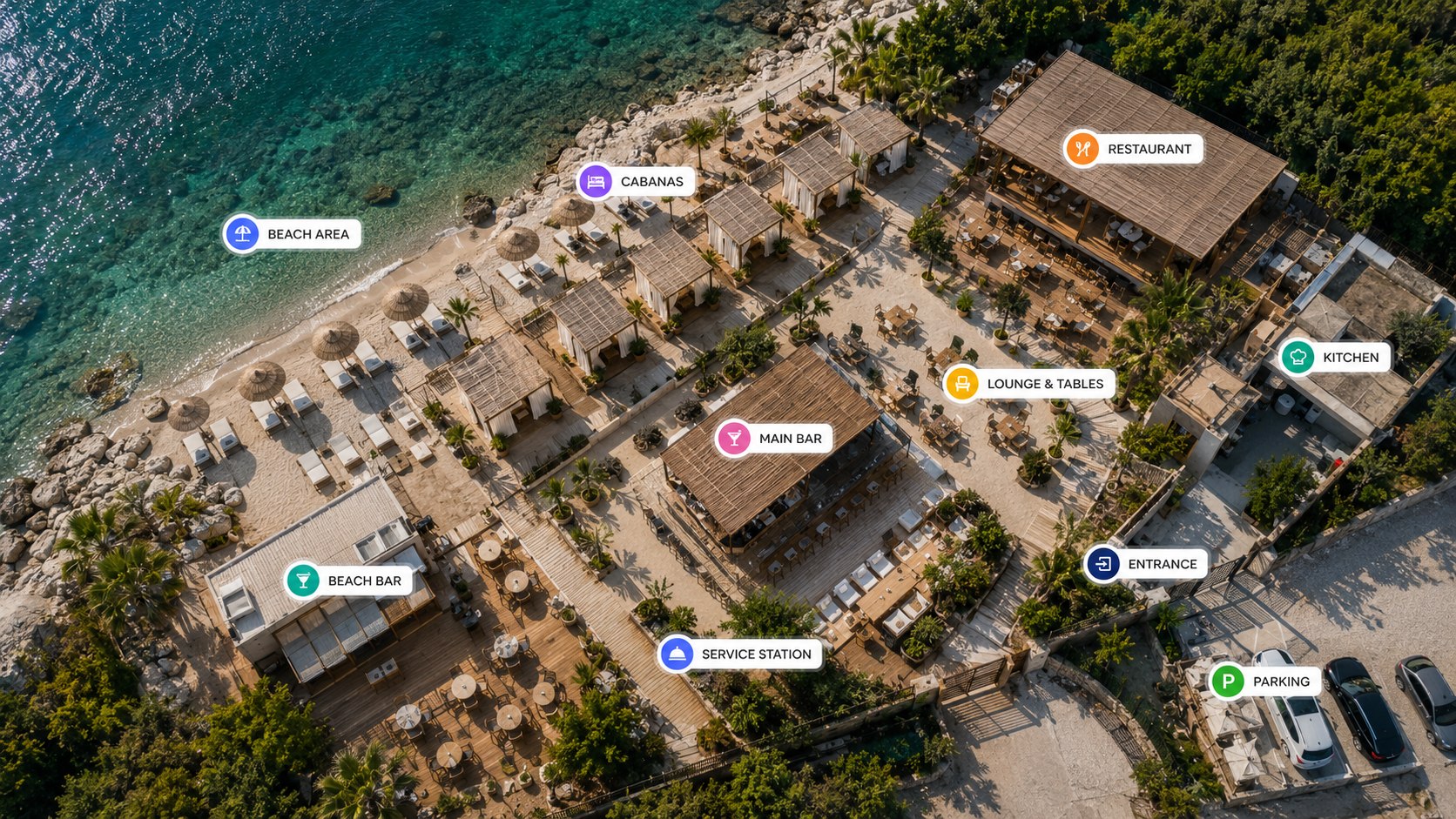 A beach club from the air with a VenueChef pin over each area it serves: beach area, cabanas, beach bar, main bar, service station, lounge and tables, restaurant, kitchen, entrance and parking