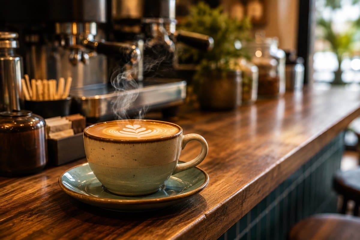 A cappuccino with latte art on a polished café counter beside an espresso machine