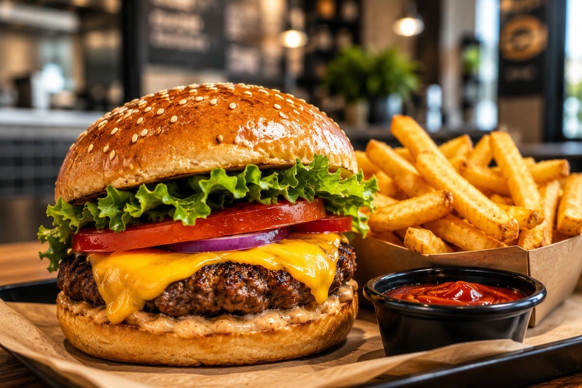 A cheeseburger and fries on a tray at a fast food counter