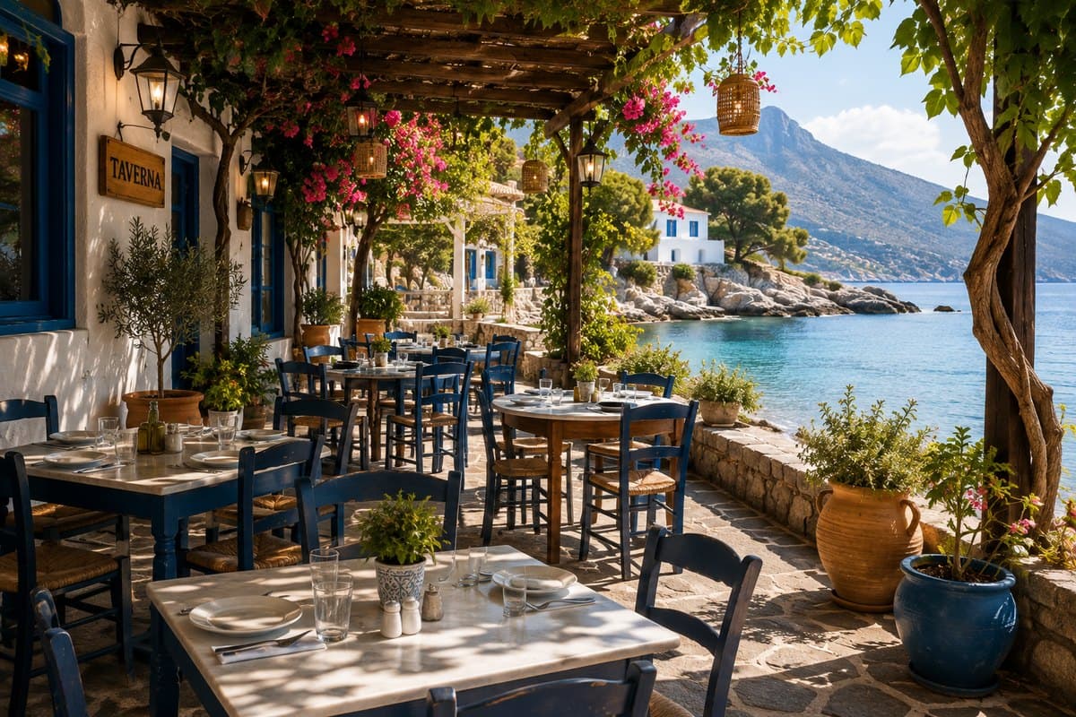 A seaside taverna terrace under a bougainvillea pergola with laid tables